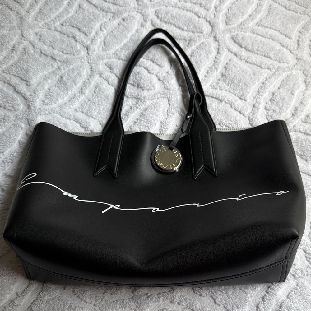 New Emporio Armani Black Tote Bag with White Script
